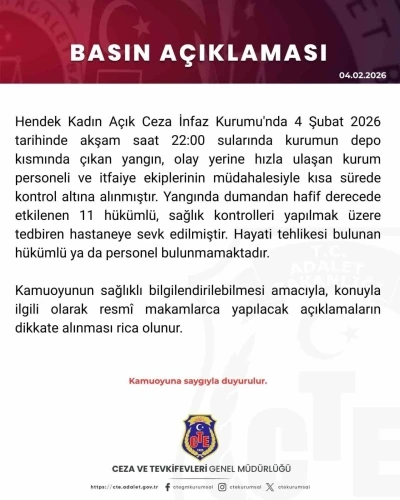 Hendek Kadın A&ccedil;ık Ceza İnfaz Kurumu&rsquo;nda yangın: 11 h&uuml;k&uuml;ml&uuml; hafif yaralı
