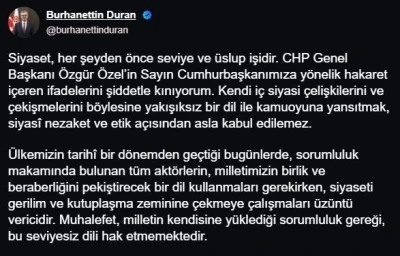 İletişim Başkanı Duran: &quot;CHP Genel Başkanı Özel’in, Cumhurbaşkanımıza yönelik hakaret içeren ifadelerini şiddetle kınıyorum&quot;
