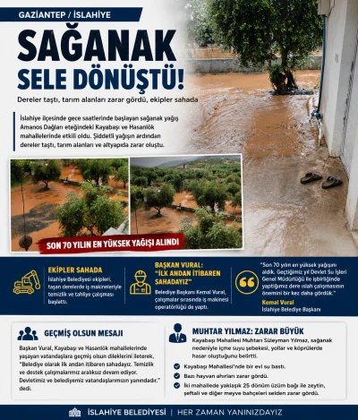 İslahiye&rsquo;de Sağanak Sele D&ouml;n&uuml;şt&uuml;: Dereler Taştı, Ekipler Sahada
