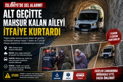İslahiye&rsquo;de Sel Alarmı: Alt Ge&ccedil;itte Mahsur Kalan Aileyi İtfaiye Kurtardı