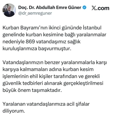 İstanbul İl Sağlık M&uuml;d&uuml;r&uuml; G&uuml;ner: "Kurban kesimine bağlı 869 vatandaşımız sağlık kuruluşlarımıza başvurmuştur"
