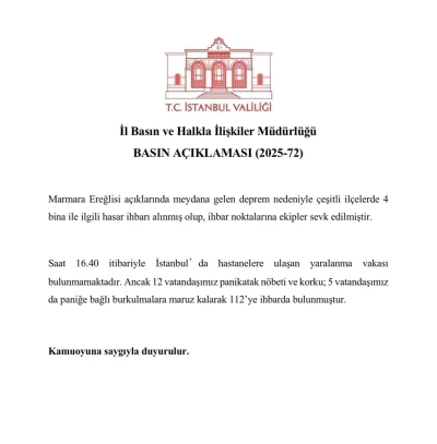 İstanbul Valiliği: &quot;4 binayla ilgili hasar ihbarı alındı, 17 vatandaş 112’ye ihbarda bulundu&quot;
