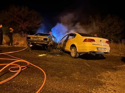 Kafa kafaya çarpışan otomobiller alev aldı: 2 yaralı
