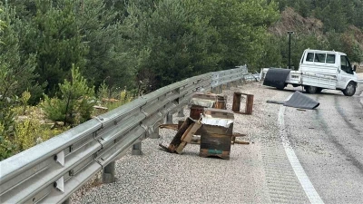 Kastamonu&rsquo;da kamyonet bariyerlere &ccedil;arptı: Etrafa sa&ccedil;ılan kovandaki arılar telef oldu
