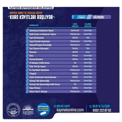KAYMEK sanat ve mesleki eğitim kurslarına kayıtlar başladı
