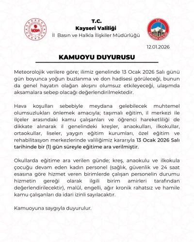 Kayseri&rsquo;de eğitime 1 g&uuml;n ara verildi
