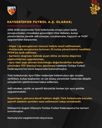 Kayserispor&rsquo;dan TFF&rsquo;ye &rsquo;adalet&rsquo; dilek&ccedil;esi
