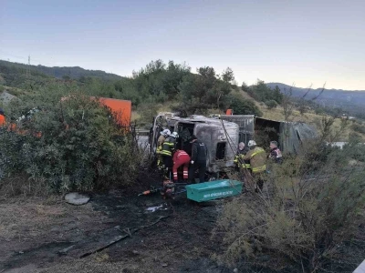 Kaza yaptıktan sonra alevlere teslim olan tırdaki 2 kişi &ouml;ld&uuml;, taşınan anguslar otobana yayıldı
