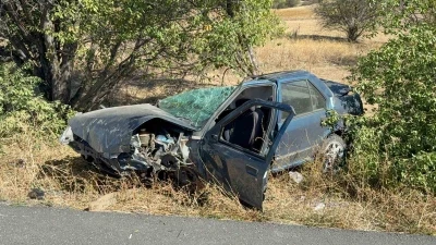 Kazada kopan tekerlek ağacın üzerine fırladı
