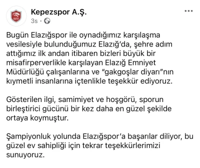 Kepezspor&rsquo;dan Elazığ&rsquo;a teşekk&uuml;r ve &ouml;vg&uuml;
