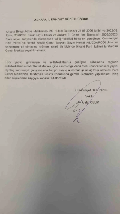 Kılı&ccedil;daroğlu&rsquo;nun avukatından CHP Genel Merkez binasının teslimine ilişkin emniyete dilek&ccedil;e

