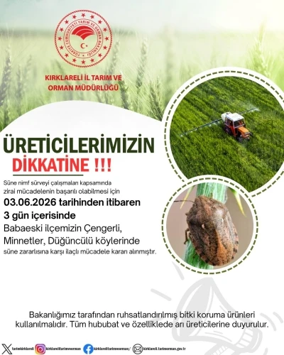 Kırklareli&rsquo;nde s&uuml;ne zararlısına karşı ila&ccedil;lama uyarısı
