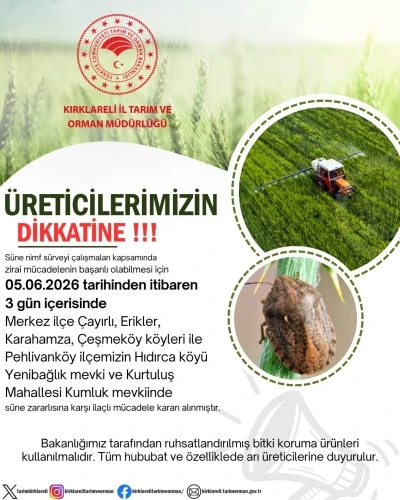 Kırklareli&rsquo;nde s&uuml;ne zararlısına karşı ila&ccedil;lı m&uuml;cadele kararı
