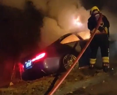 Kontrolden çıkan lüks araç ağaçlara çarparak alev alev yandı
