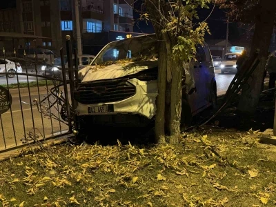 Kontrolden &ccedil;ıkan minib&uuml;s, ref&uuml;jdeki ağaca &ccedil;arparak durabildi
