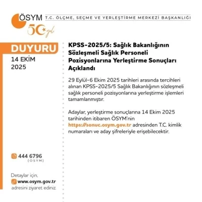 KPSS-2025/5 sözleşmeli sağlık personeli yerleştirme sonuçları açıklandı
