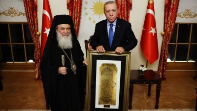 Kudüs Rum Ortodoks Patriği Giannopoulos'tan Cumhurbaşkanı Erdoğan'a anlamlı hediye