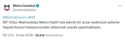 M7 Metro Hattı&rsquo;nda arıza: Vatandaşlar t&uuml;nelde y&uuml;r&uuml;d&uuml;
