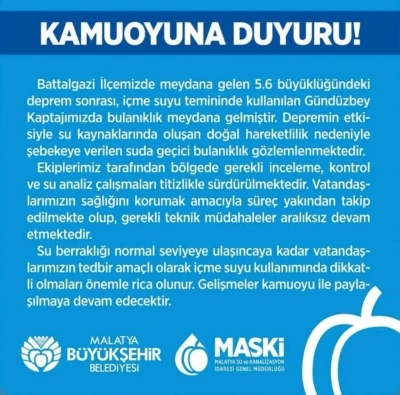 Malatya&rsquo;da deprem sonrası i&ccedil;me suyunda bulanıklık oldu
