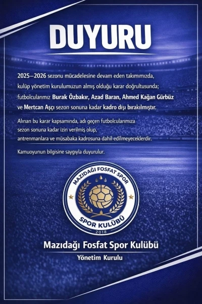 Mazıdağı Fosfatspor&rsquo;da 4 futbolcu kadro dışı bırakıldı
