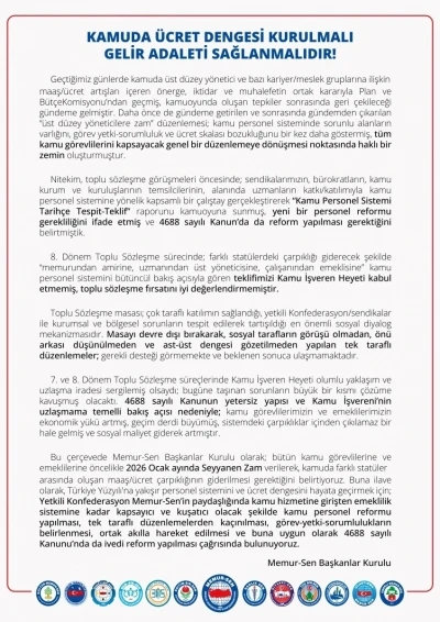 Memur-Sen Başkanlar Kurulu: &quot;Türkiye Yüzyılı’na yakışır, 4688 sayılı Kanunu’nda ivedi reform yapılması çağrısında bulunuyoruz&quot;
