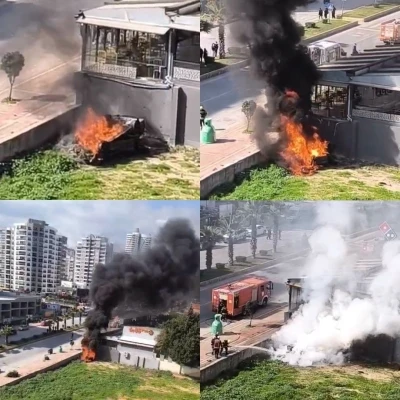 Mersin&rsquo;de iş yerinin duvarına &ccedil;arpan otomobil alev aldı: 1 yaralı
