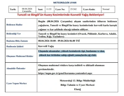 Meteoroloji&rsquo;den Tunceli ve Bing&ouml;l i&ccedil;in kuvvetli yağış uyarısı

