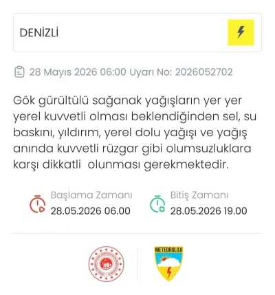 Meteoroloji Denizli i&ccedil;in sarı kodulı uyarı verdi
