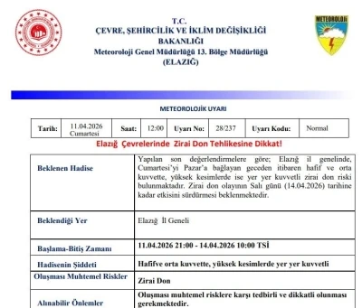 Meteorolojiden Elazığ i&ccedil;in zirai don uyarısı
