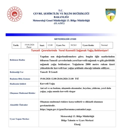 Meteorolojiden Tunceli i&ccedil;in sağanak yağış uyarısı
