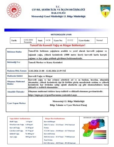 Meteorolojiden Tunceli&rsquo;ye kuvvetli yağış ve r&uuml;zgar uyarısı
