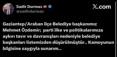 MHP, Araban Belediye Başkanını parti listesinden d&uuml;ş&uuml;rd&uuml;
