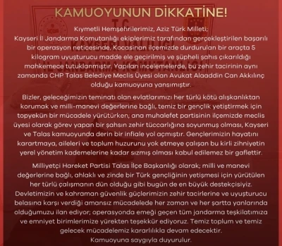 MHP&rsquo;den uyuşturucuyla yakalanan CHP&rsquo;li meclis &uuml;yesine tepki
