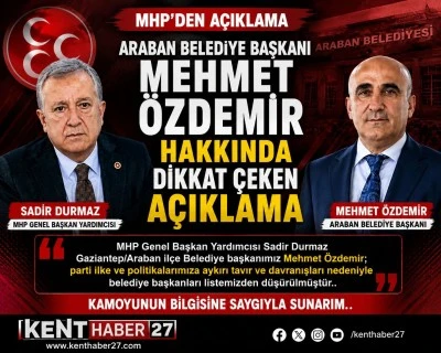 Milliyet&ccedil;i Hareket Partisi&rsquo;nden Araban Belediye Başkanı Mehmet &Ouml;zdemir Kararı