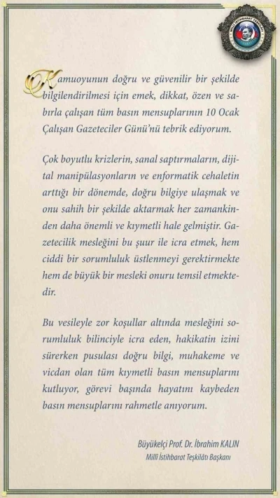 MİT Başkanı Kalın&rsquo;dan 10 Ocak &Ccedil;alışan Gazeteciler G&uuml;n&uuml; mesajı
