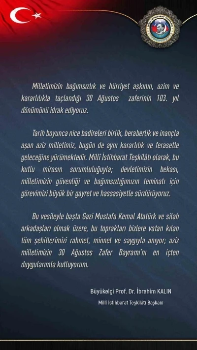 MİT Başkanı Kalın’dan, 30 Ağustos mesajı
