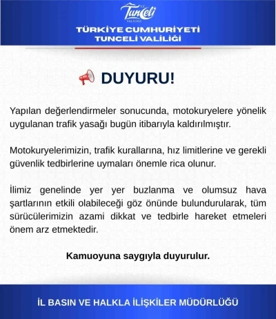 Motokuryelere uygulanan trafik yasağı kaldırıldı
