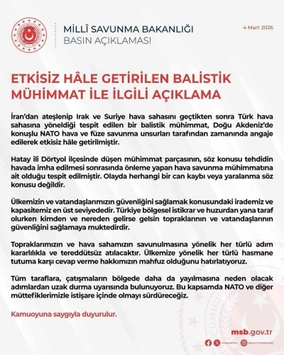MSB: "T&uuml;rk hava sahasına y&ouml;nelen balistik m&uuml;himmat Doğu Akdeniz&rsquo;de etkisiz hale getirildi"
