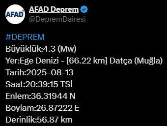 Muğla’da 4.3 büyüklüğünde deprem
