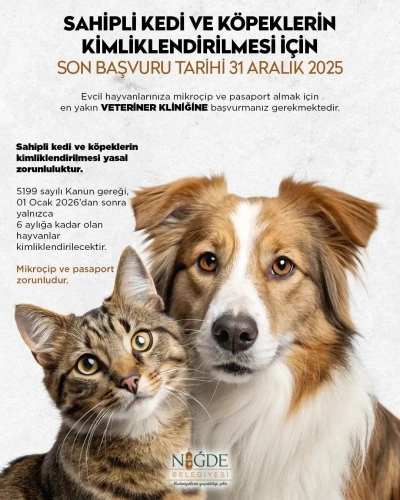 Niğde Belediyesi&rsquo;nden kedi ve k&ouml;pek sahiplerine uyarı: Son başvuru 31 Aralık 2025
