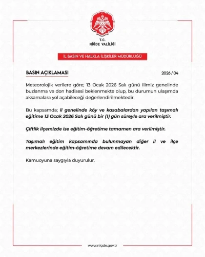 Niğde&rsquo;de buzlanma nedeniyle taşımalı eğitime 1 g&uuml;n ara verildi
