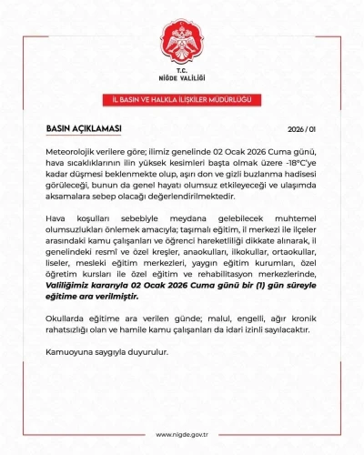 Niğde&rsquo;de eğitime 1 g&uuml;n ara verildi
