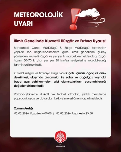 Niğde Valiliği&rsquo;nden kuvvetli r&uuml;zgar uyarısı
