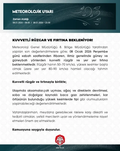 Niğde Valiliği&rsquo;nden kuvvetli r&uuml;zgar ve fırtına uyarısı
