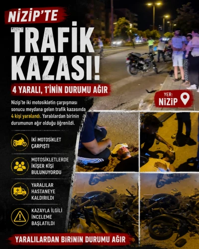 Nizip&rsquo;te İki Motosiklet &Ccedil;arpıştı: 4 Yaralı, 1&rsquo;inin Durumu Ağır