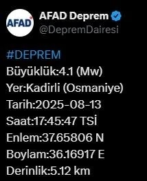 Osmaniye’de 4.1 büyüklüğünde deprem
