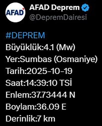 Osmaniye’de 4.1 büyüklüğünde deprem
