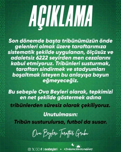 Ova Beyleri trib&uuml;nlerden s&uuml;resiz &ccedil;ekildiğini a&ccedil;ıkladı
