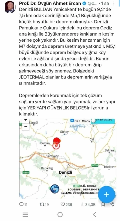 Prof. Dr. Ahmet Ercan&rsquo;dan Buldan depremi a&ccedil;ıklaması: "B&ouml;lge M7&rsquo;lik depreme yatkın"
