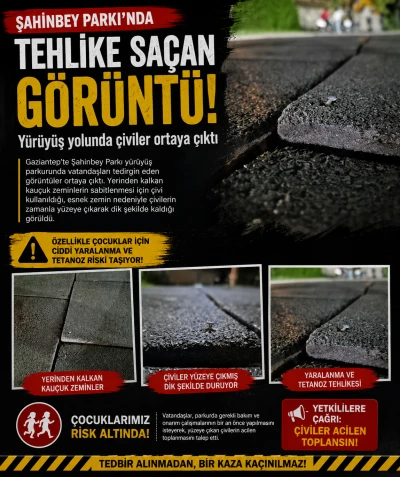 Şahinbey Parkı&rsquo;nda Tehlike Sa&ccedil;an G&ouml;r&uuml;nt&uuml;: Y&uuml;r&uuml;y&uuml;ş Yolunda &Ccedil;iviler Ortaya &Ccedil;ıktı